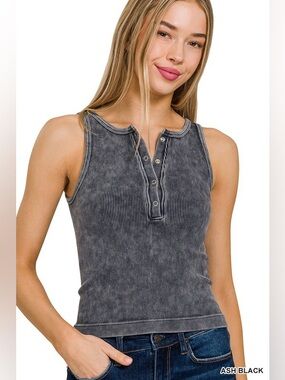 Zenana Ash Black Ribbed Seamless Snap Button Henley Tank Top